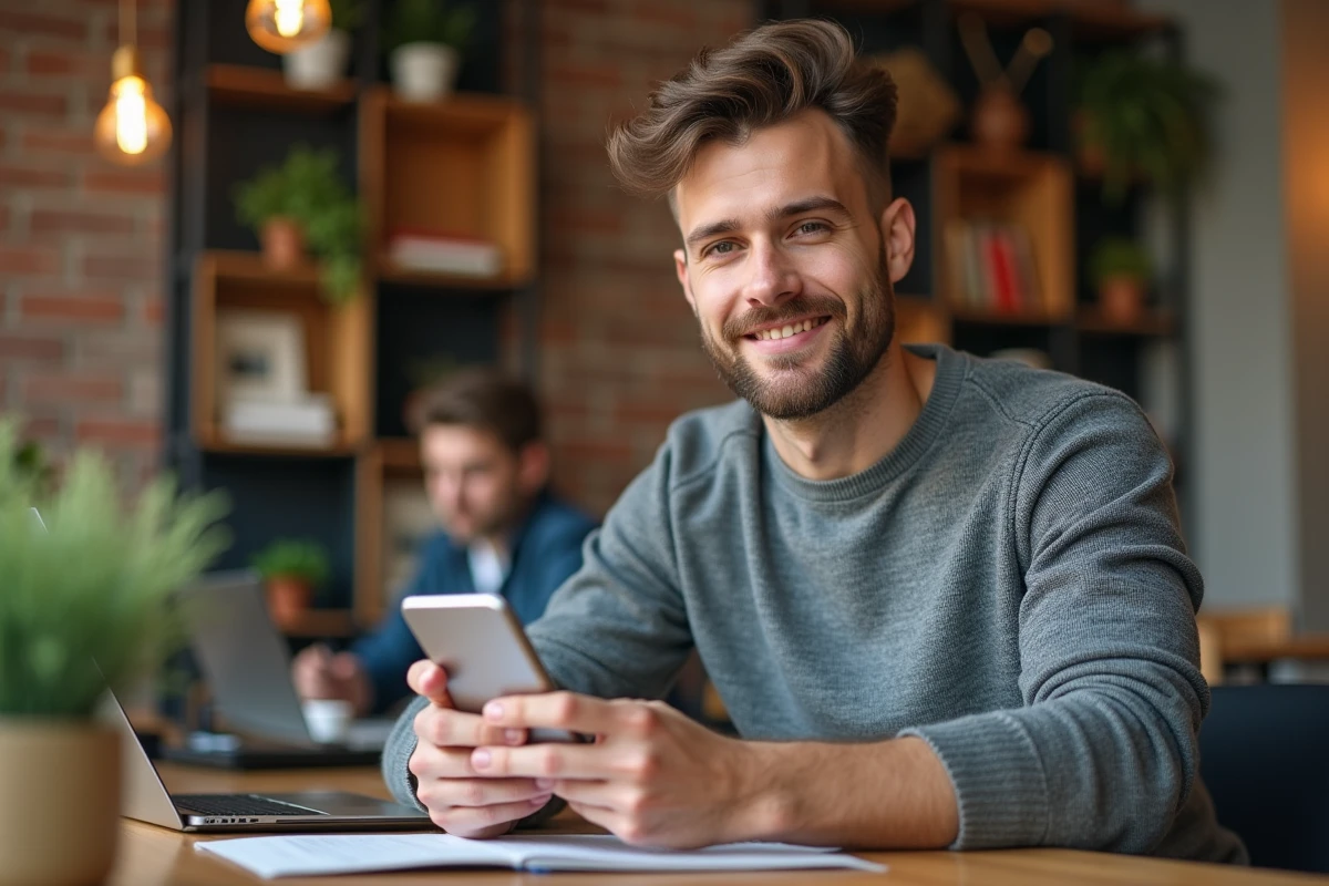 Jeune professionnel consultant une application immobilière numérique sur smartphone dans un espace de coworking moderne