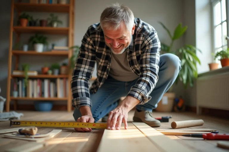 Homme mesurant une planche en bois dans un salon lumineux
