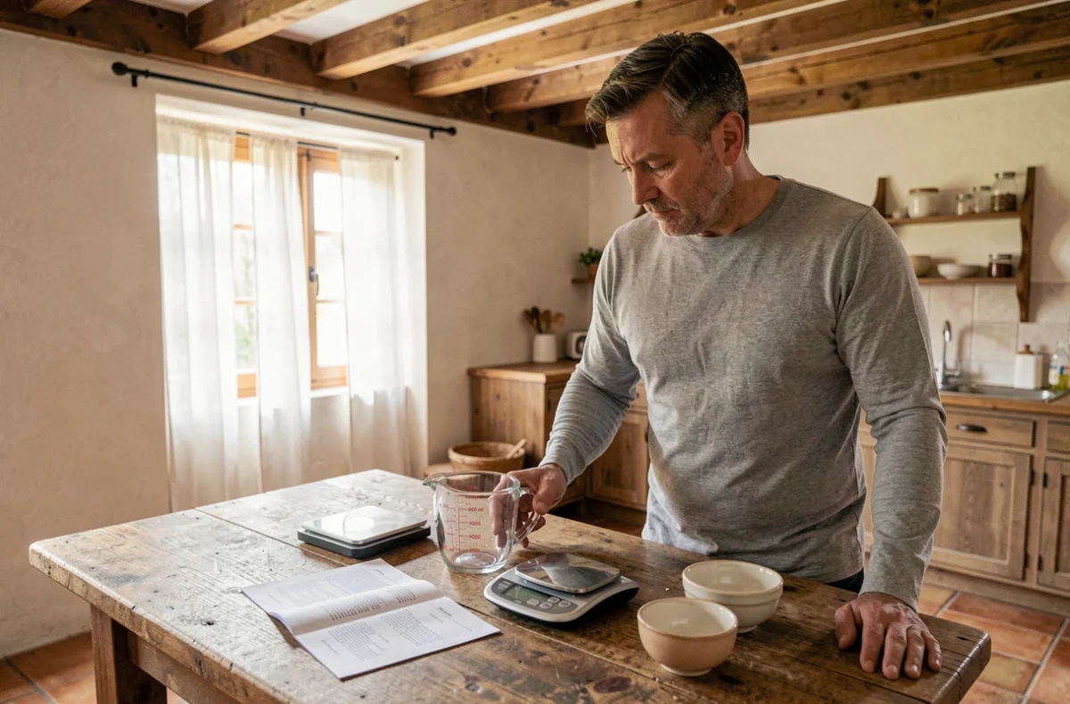 Homme en cuisine rustique consultant une recette à côté d'un verre doseur gradué à 200 ml et d'une balance numérique