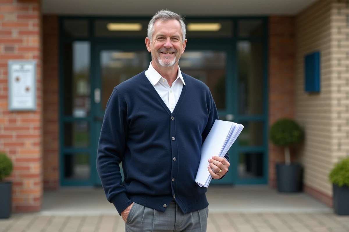 Homme avec documents devant une école moderne