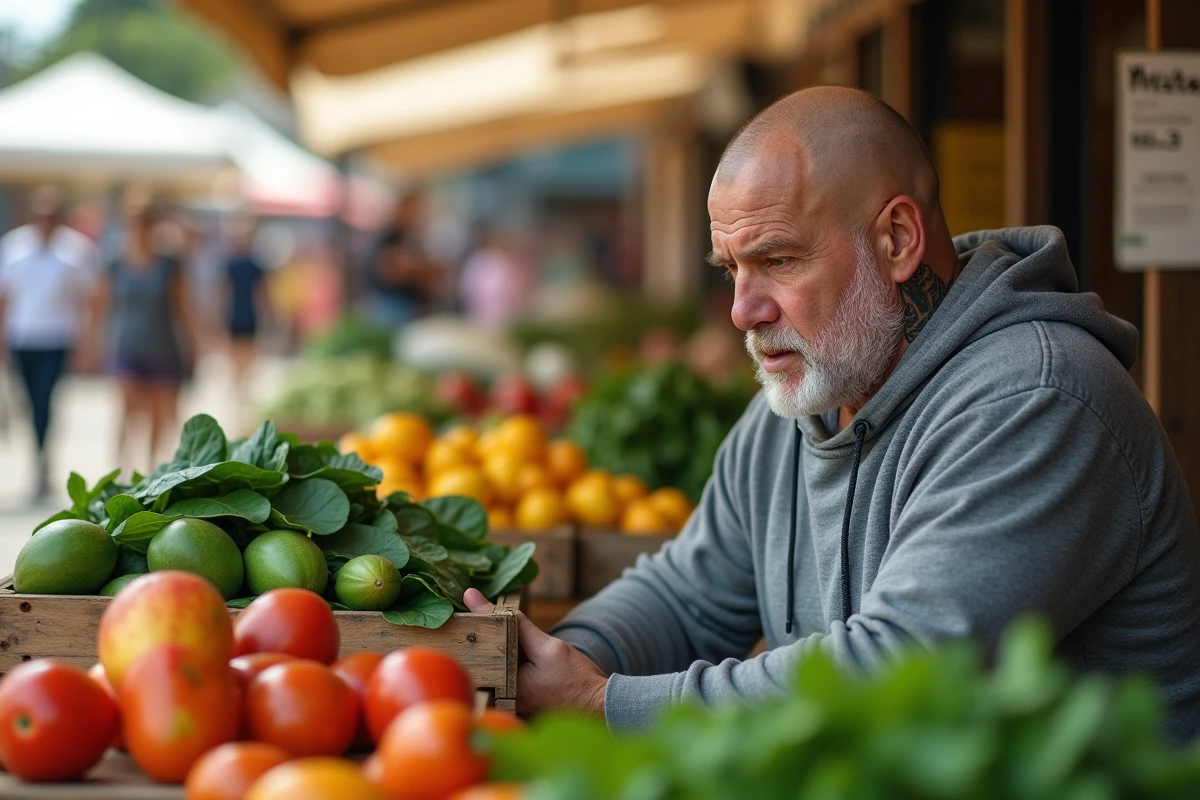 Homme imposant avec tatouage facial choisissant des fruits et légumes bio sur un marché fermier, évoquant le mode de vie vegan de Mike Tyson