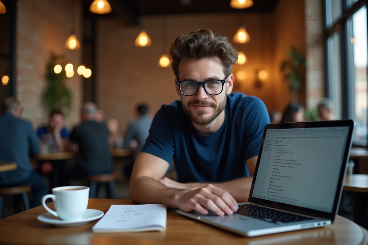 Homme consultant les paramètres d'un mod Sims 4 sur un ordinateur portable dans un café