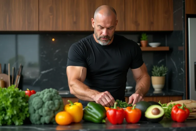 Homme musclé d'âge mûr préparant un repas vegan coloré dans une cuisine moderne avec légumes frais, illustrant le régime alimentaire de Mike Tyson