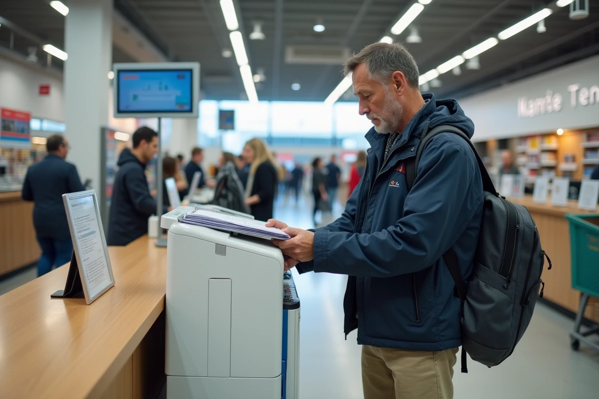 Homme concentré utilisant un photocopieur dans un espace commercial