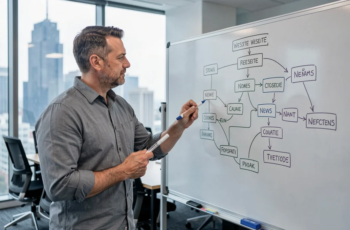 Homme présentant une architecture de sitemap de site d'actualité sur un tableau en verre dans une salle de réunion