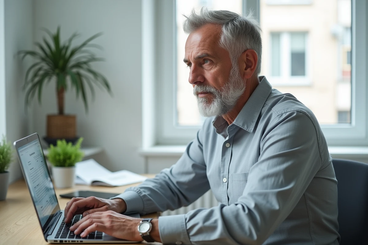 Homme de 62 ans simulant sa retraite sur ordinateur portable dans un bureau à domicile