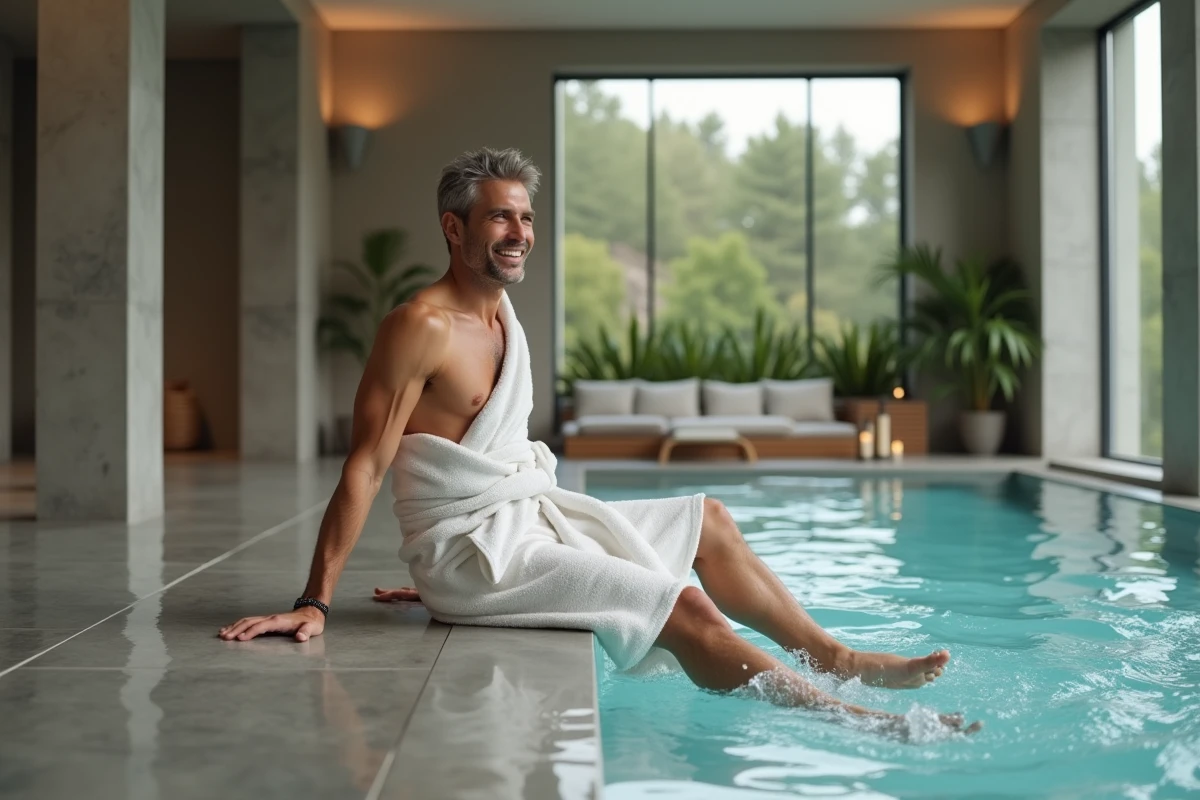 Homme souriant dans un spa avec piscine et décor moderne