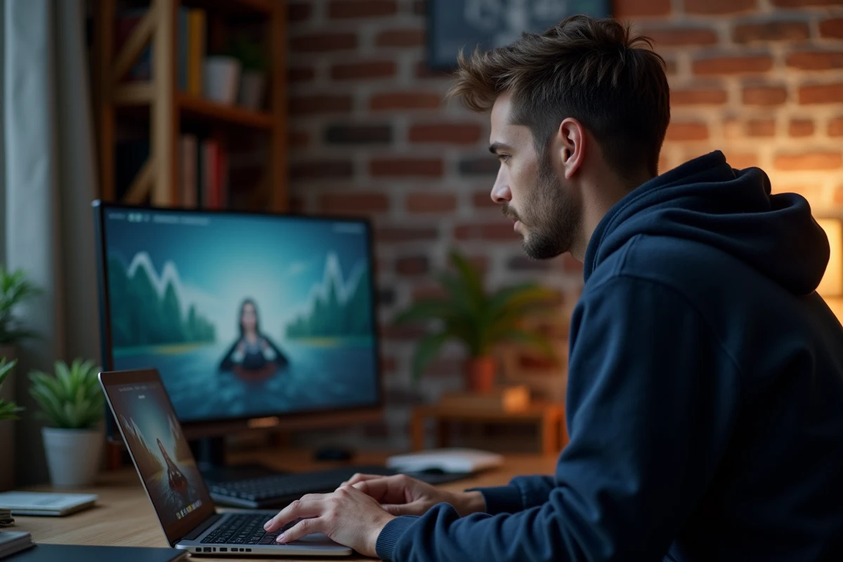 Homme regardant un film en streaming sur son ordinateur portable dans un bureau à domicile