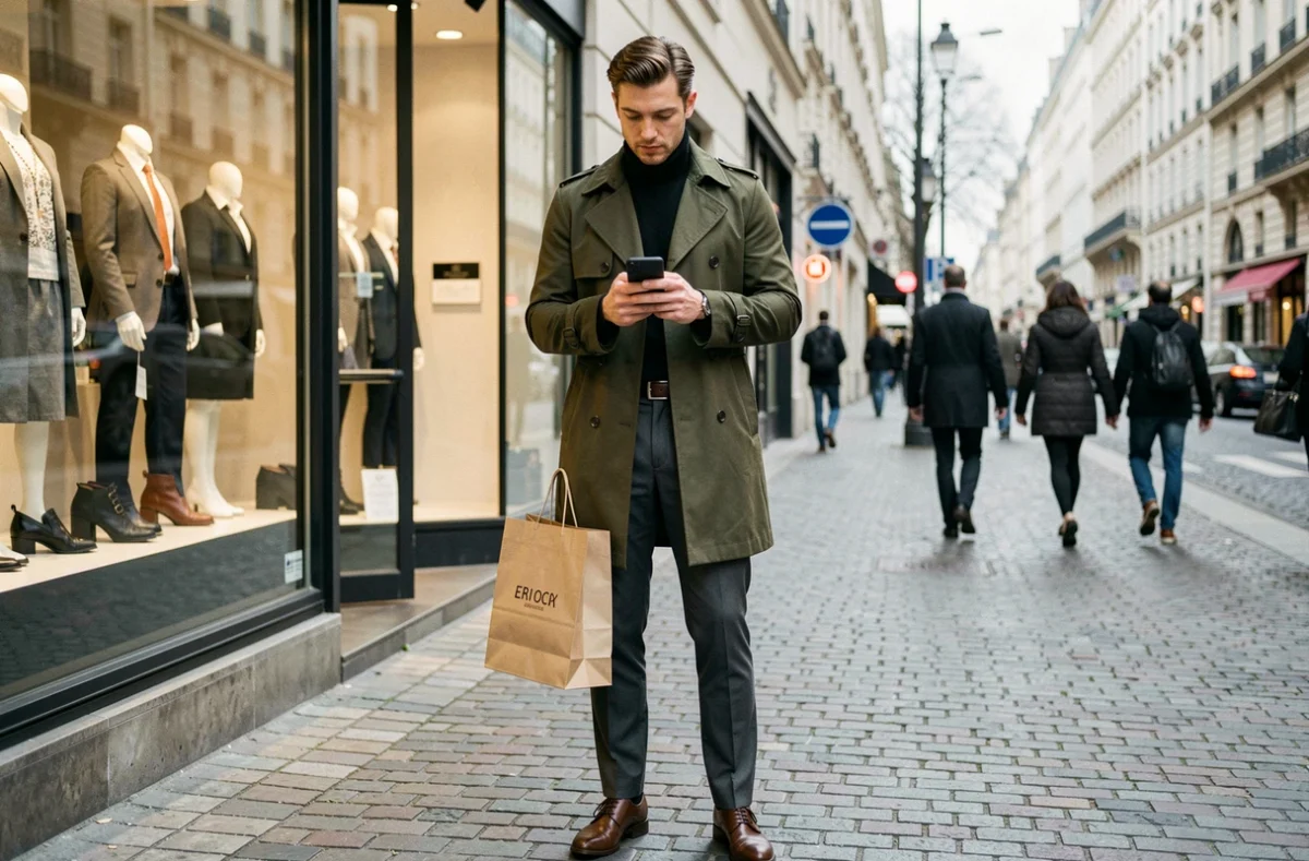 Homme stylé en trench-coat olive devant une vitrine de boutique de mode parisienne tenant un sac shopping