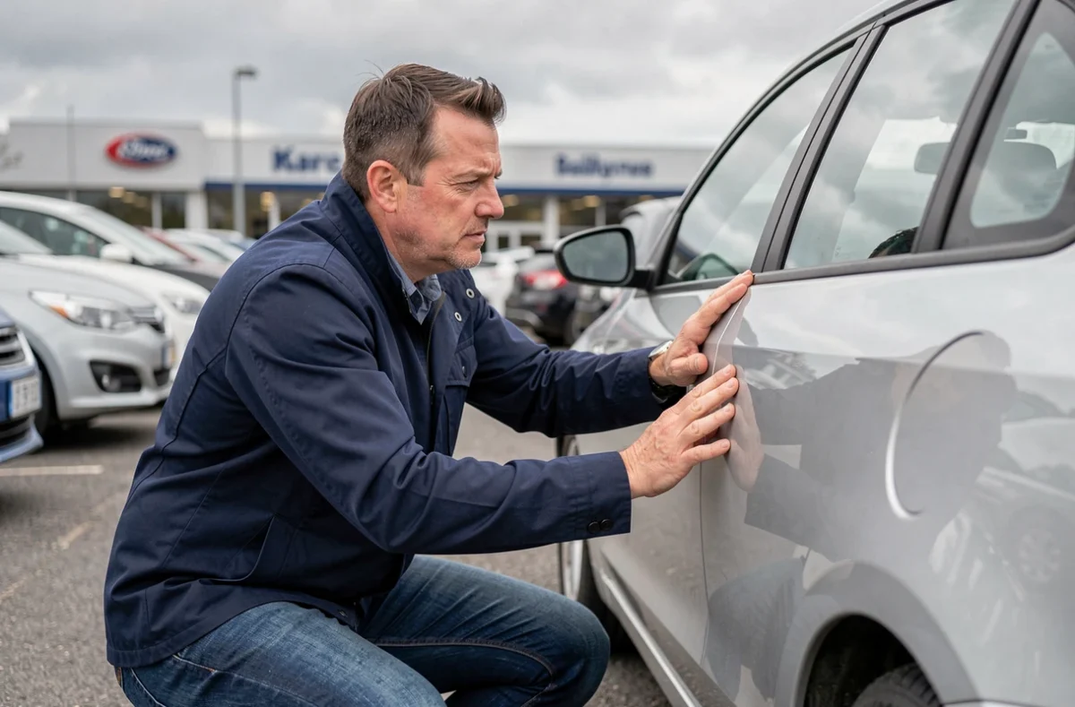 Homme inspectant la carrosserie d'une voiture d'occasion dans un parking de concessionnaire