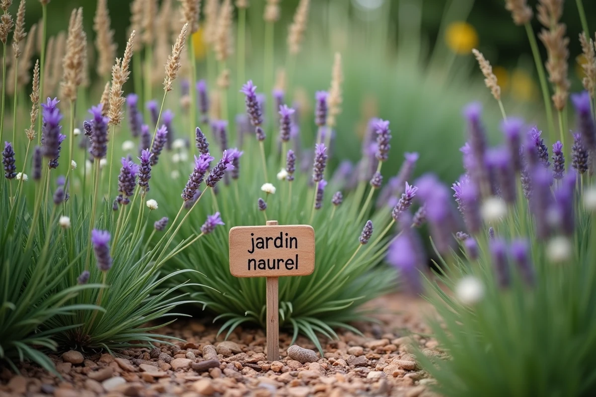 Coin de jardin naturel avec lavande, camomille sauvage et paillis de bois dans un aménagement éco-responsable