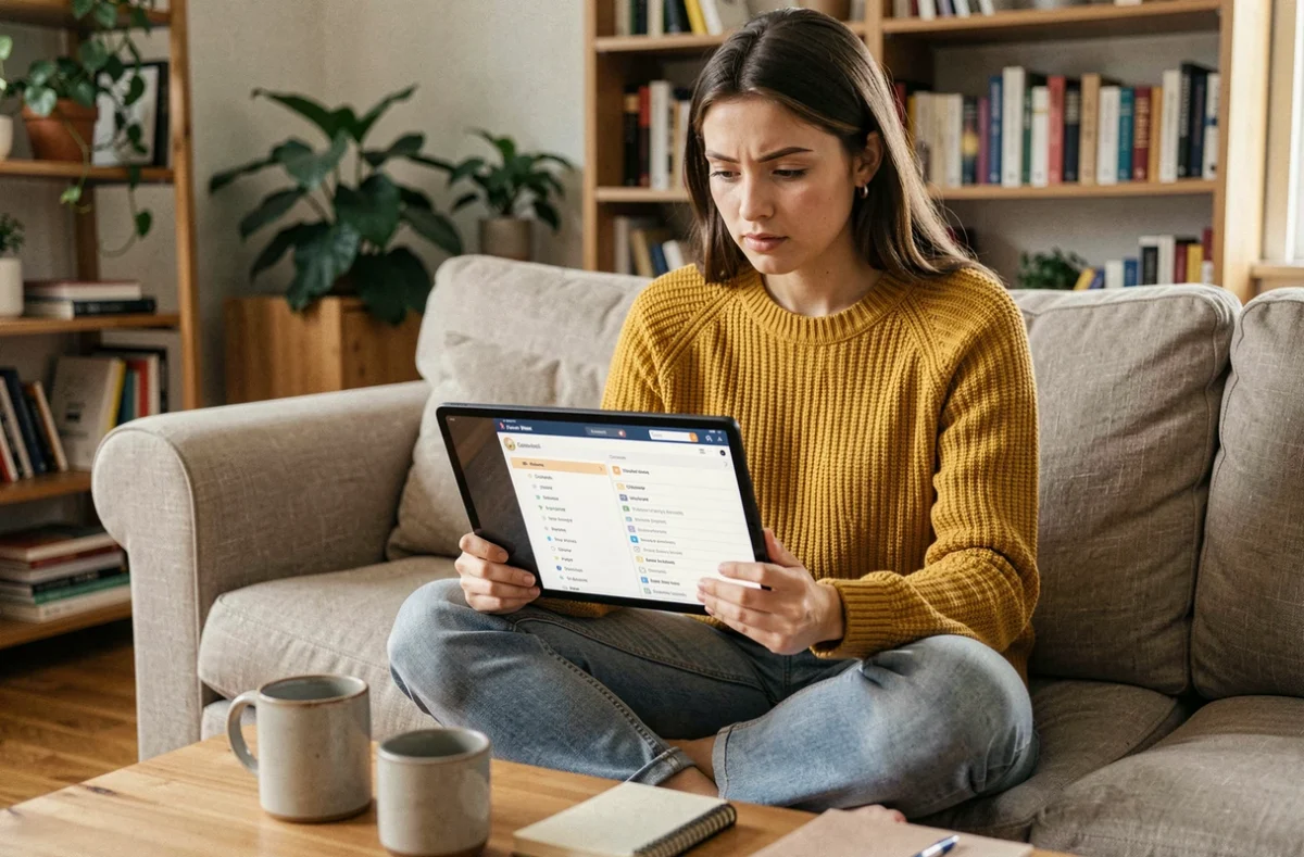 Jeune femme naviguant sur un sitemap de site d'actualité via une tablette dans un bureau à domicile chaleureux