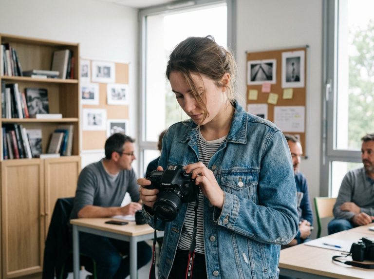 Jeune femme en atelier photo à Toulouse avec DSLR