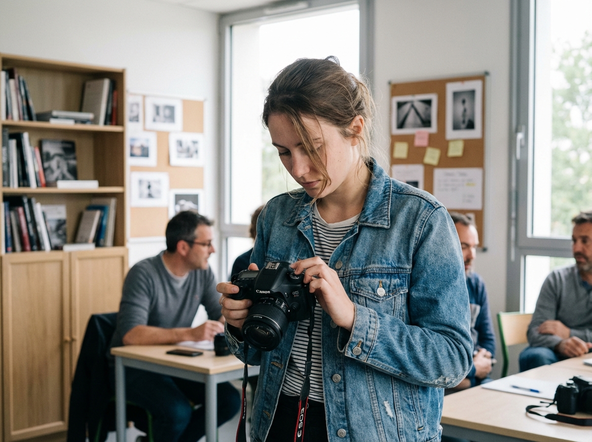 Jeune femme en atelier photo à Toulouse avec DSLR