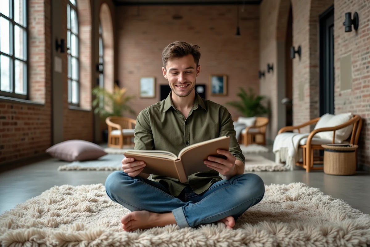 Jeune homme lisant un livre de design dans un loft contemporain