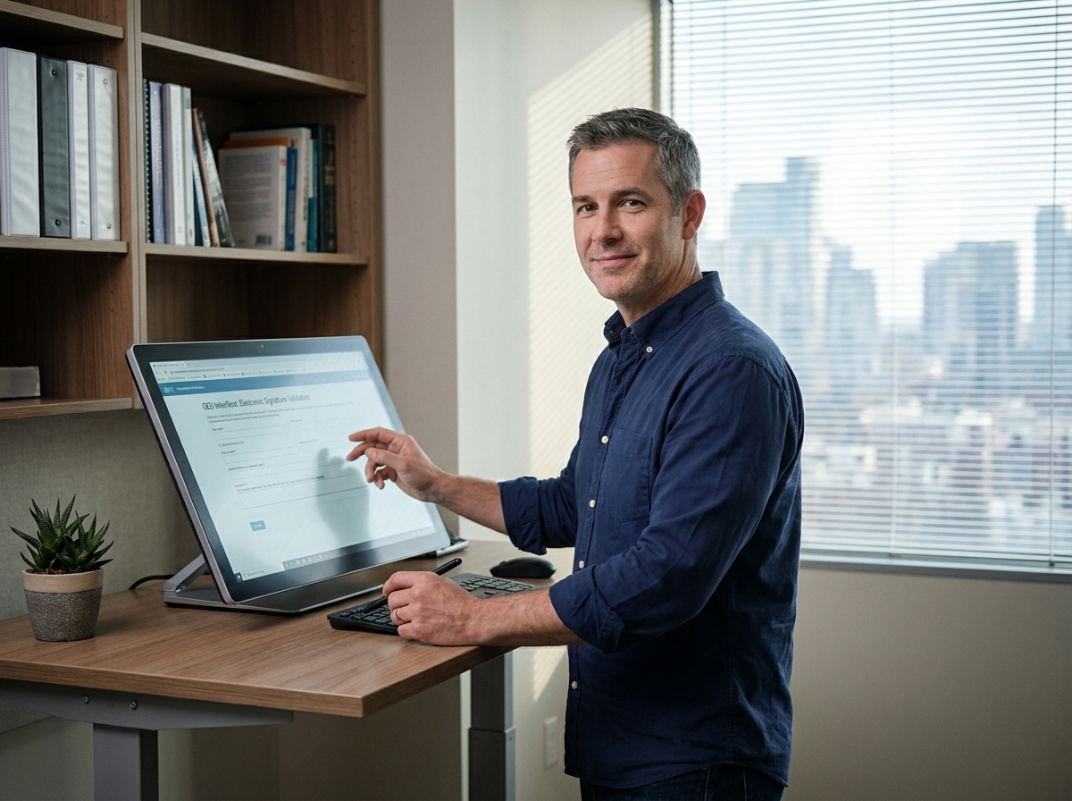 Manager validant et signant électroniquement un document via une solution GED dans son bureau privé