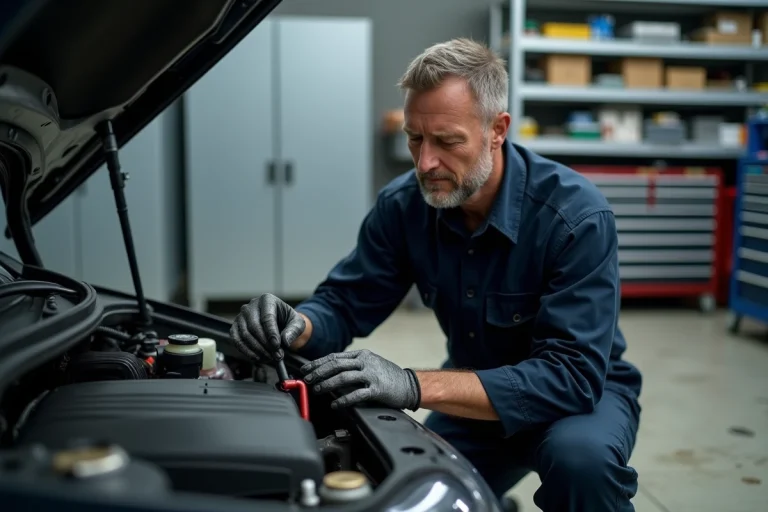 Mécanicien en bleu de travail actionnant la poire d'amorçage gasoil sur une Peugeot 308 HDi dans un atelier automobile