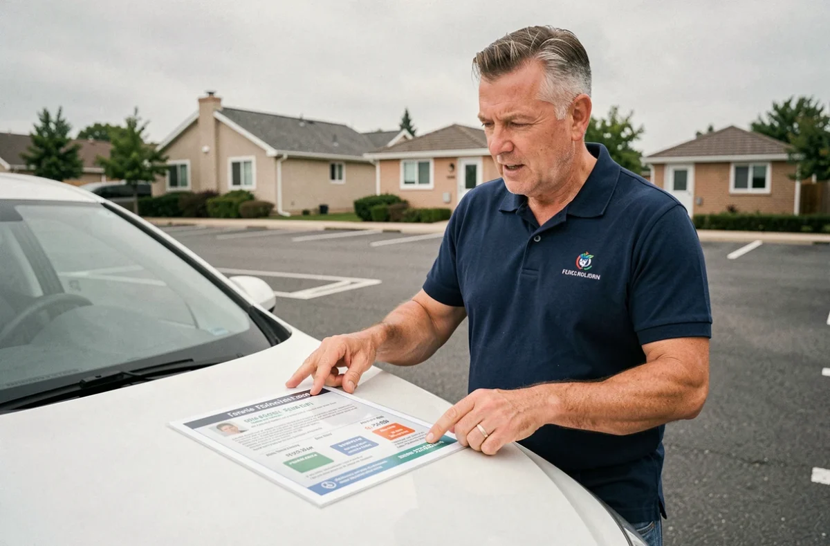 Moniteur d'auto-école expliquant les informations du permis de conduire français, notamment la colonne 11, devant un véhicule