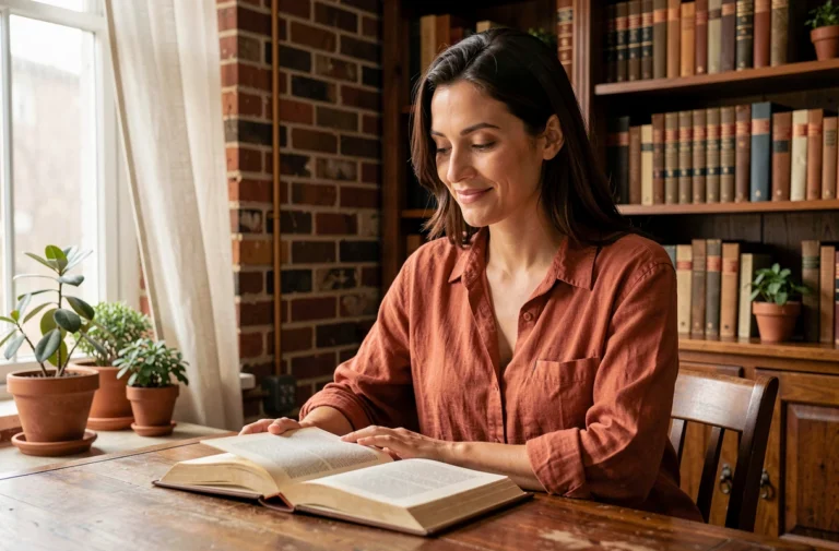 Femme prénommée Thelma assise dans une bibliothèque vintage, lisant un livre avec une expression confiante et sereine