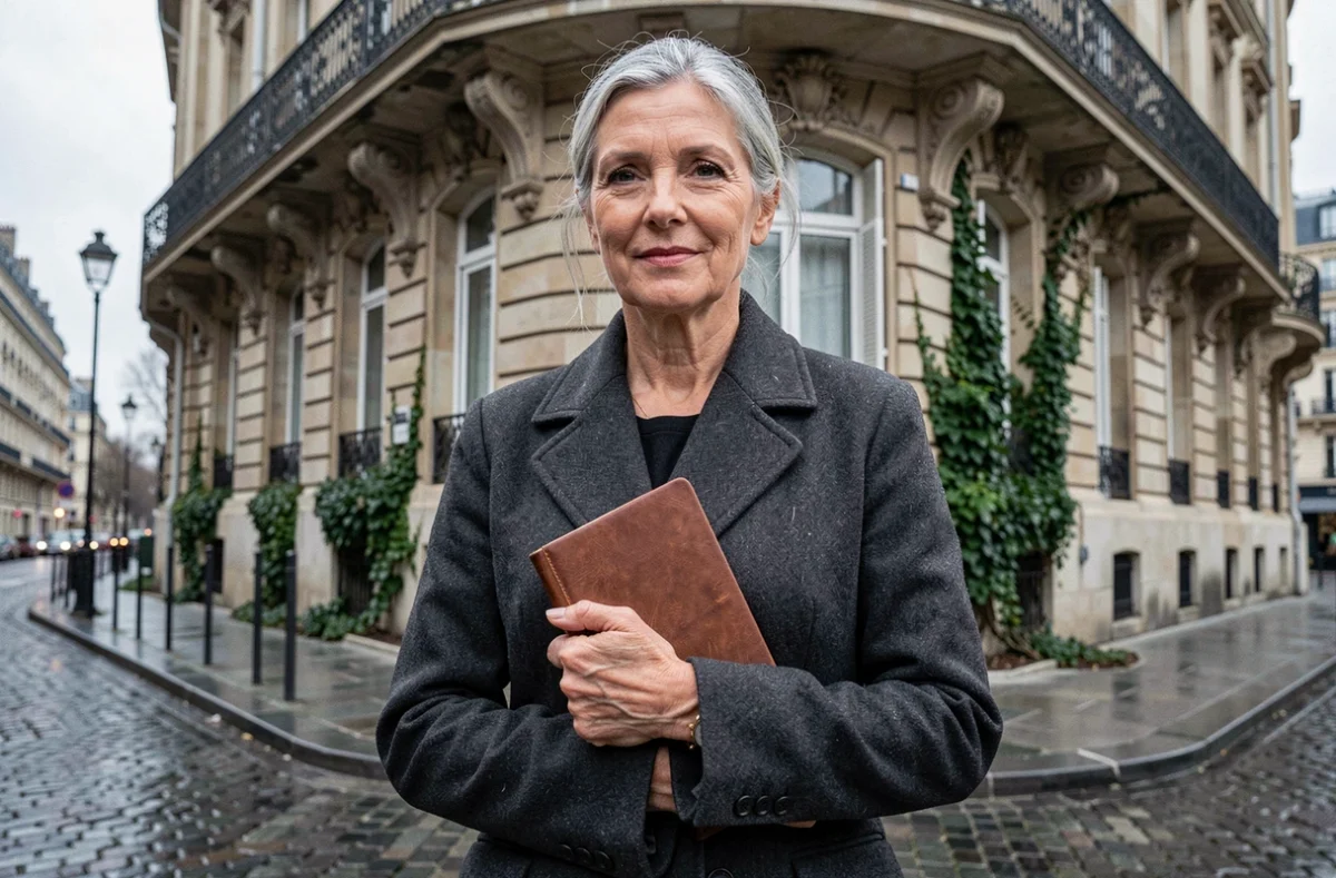 Femme élégante d'une cinquantaine d'années devant un immeuble haussmannien à Paris, tenant un journal en cuir avec une expression sereine