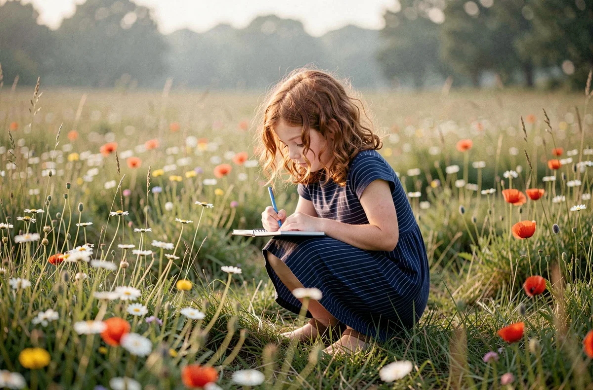 Petite fille aux cheveux bouclés écrivant dans un carnet au milieu d'un champ de fleurs sauvages à la campagne française