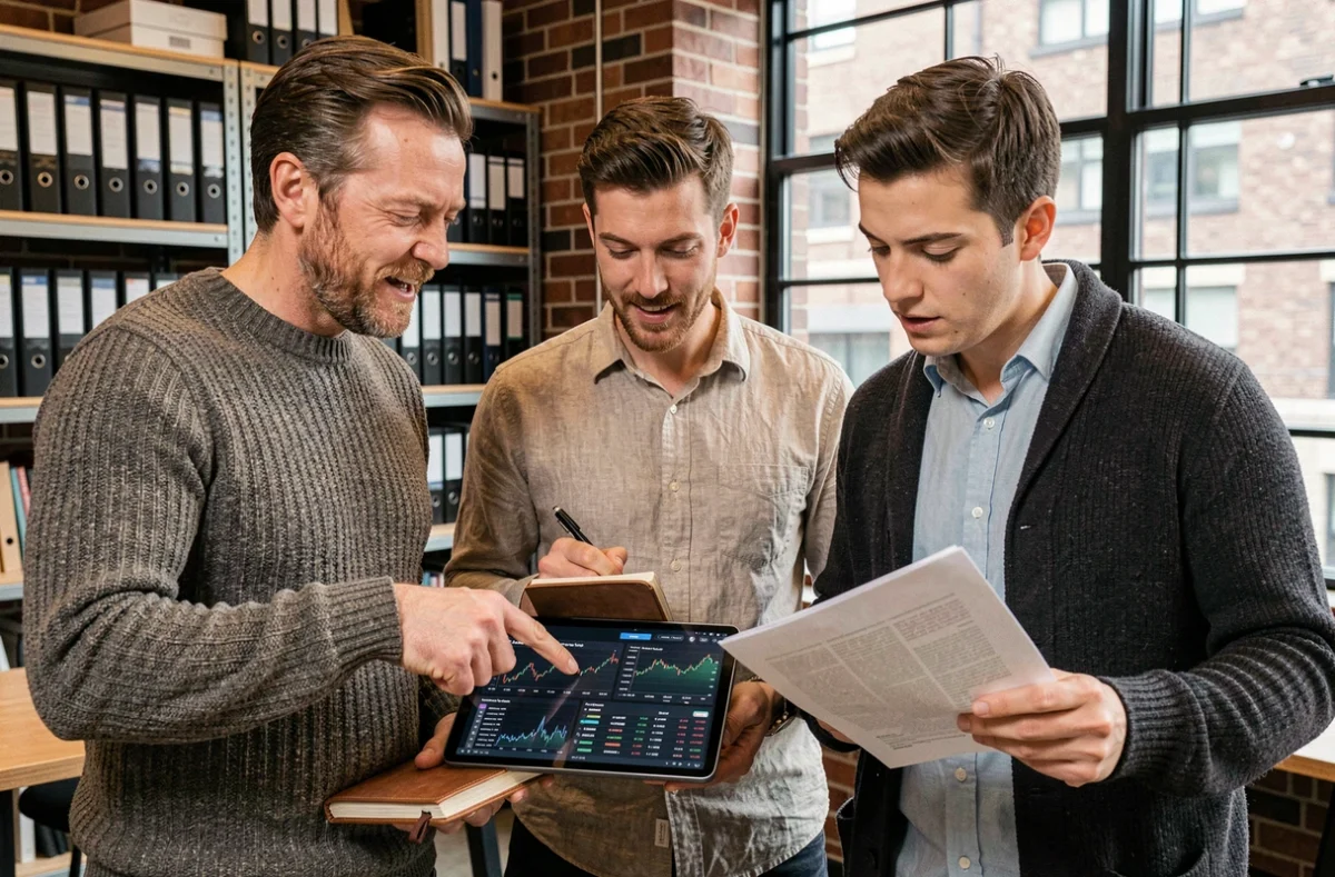 Groupe de professionnels de la finance consultant des données boursières en temps réel sur une tablette dans un espace de coworking