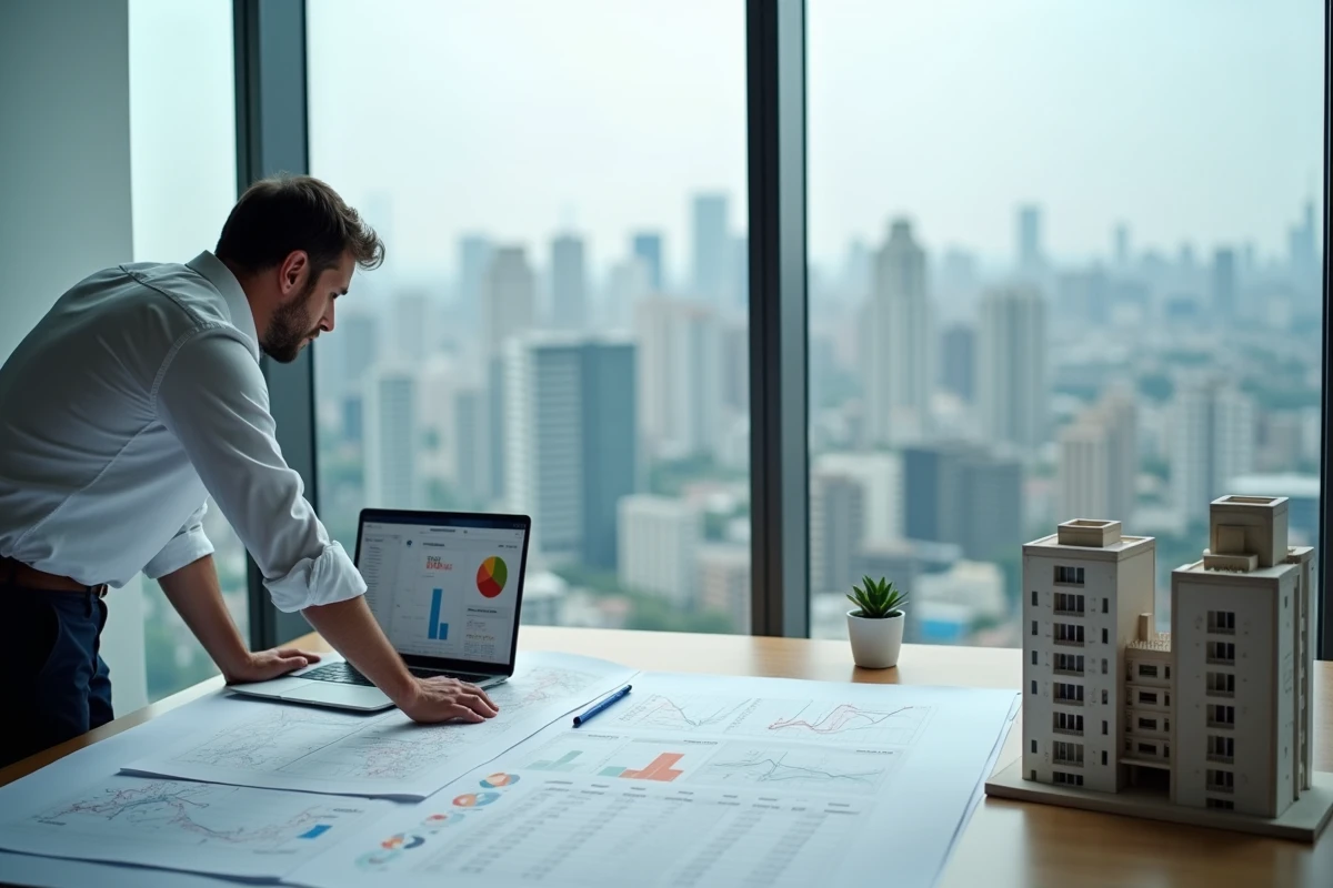 Promoteur immobilier analysant des plans architecturaux et un tableau de bord de données du marché immobilier digital dans un bureau moderne avec vue urbaine