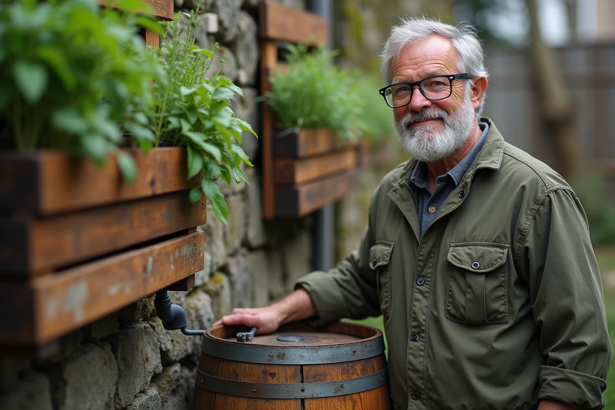 Homme installant un récupérateur d'eau de pluie artisanal dans un jardin urbain éco-responsable avec mur végétal en palettes