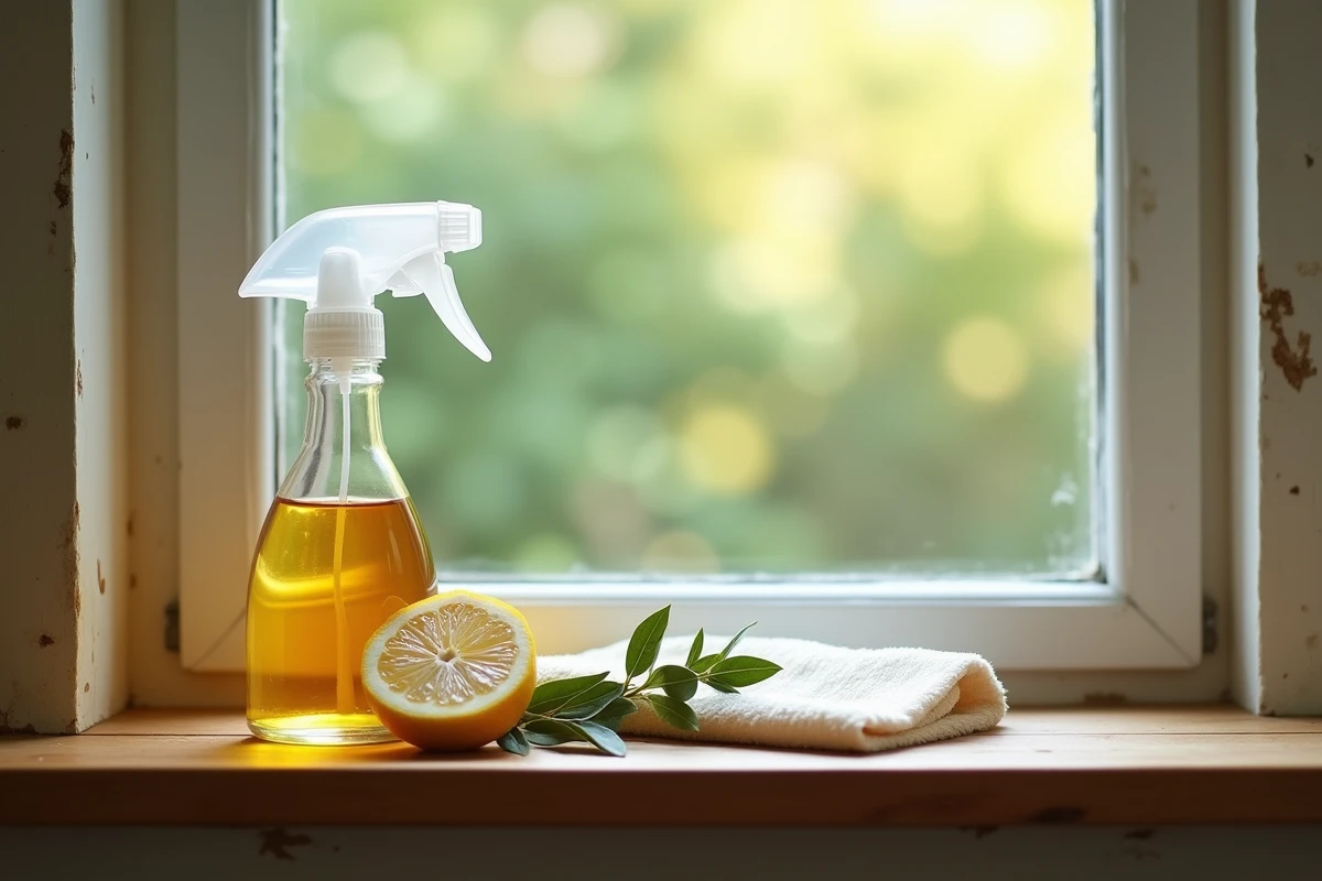 Remèdes naturels contre les collemboles disposés sur un rebord de fenêtre en bois : vinaigre, citron et feuilles de laurier