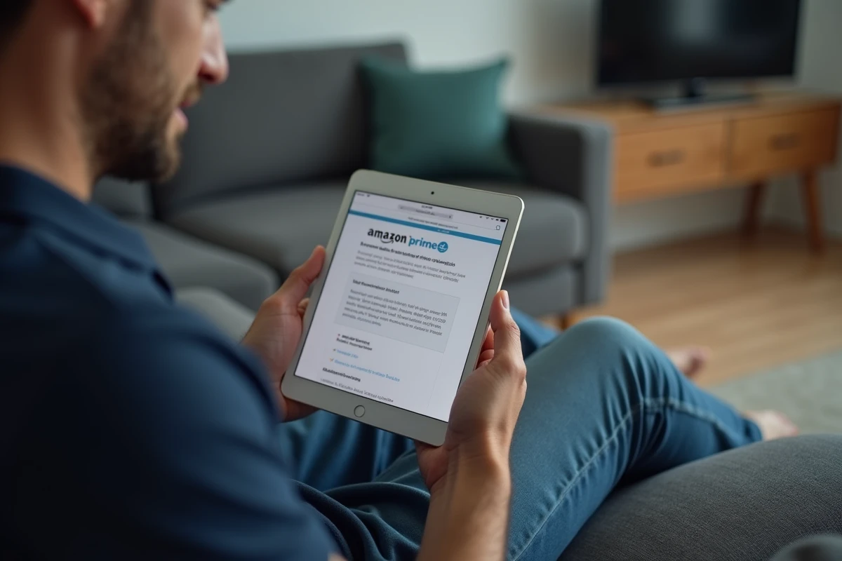 Homme consultant les options d'abonnement Amazon Prime sur une tablette depuis son salon pour procéder à la résiliation
