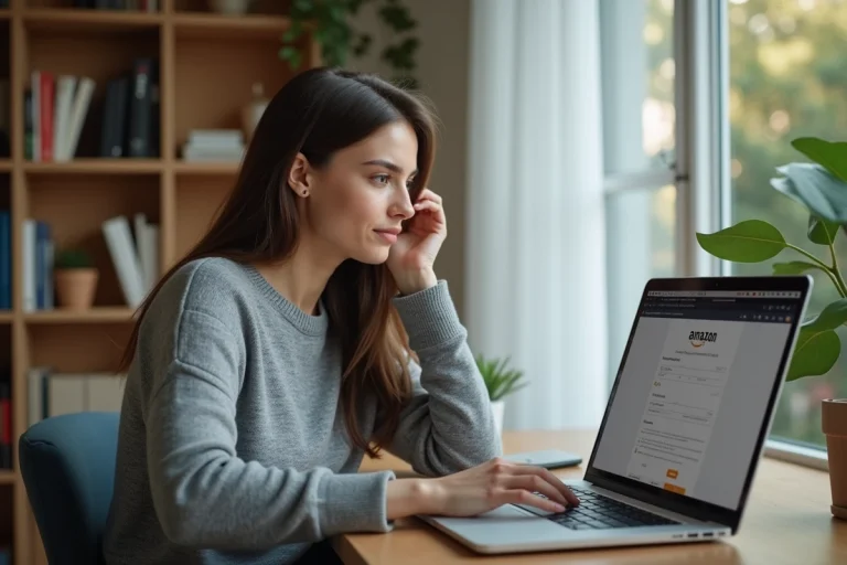 Femme en train de résilier son essai gratuit Amazon Prime sur un ordinateur portable à son bureau à domicile