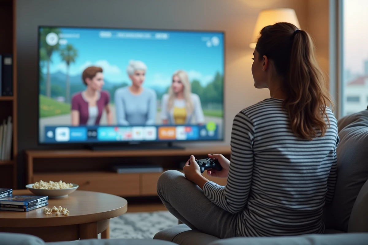 Jeune femme jouant aux Sims 4 avec des mods avancés sur un écran TV dans un salon moderne