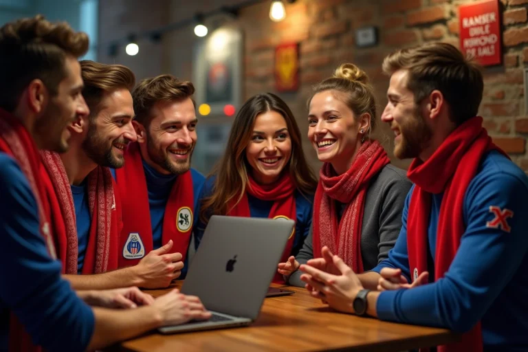 Supporters lyonnais enthousiastes autour d'un ordinateur