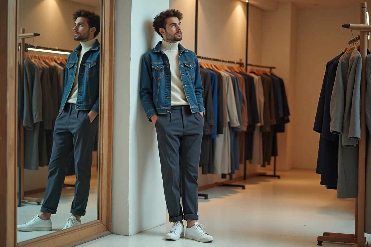 Jeune homme parisien en veste en denim indigo et col roulé crème dans une boutique concept store du Marais