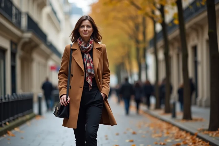 Femme élégante portant un manteau camel et un foulard en soie marchant sur un boulevard haussmannien à Paris en automne