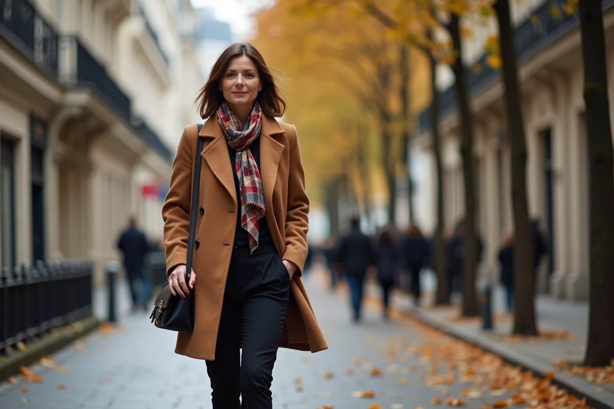 Femme élégante portant un manteau camel et un foulard en soie marchant sur un boulevard haussmannien à Paris en automne