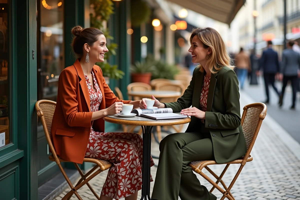 Deux femmes élégantes discutant de tendances mode à la terrasse d'un café parisien avec magazines et expressos