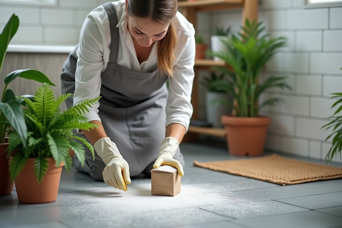 Femme appliquant de la terre de diatomée naturelle autour de plantes d'intérieur pour éliminer les collemboles dans une salle de bain