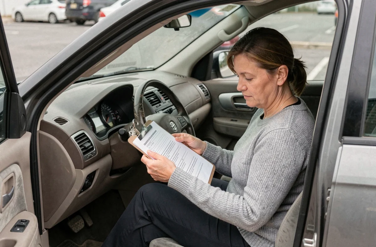 Femme vérifiant l'intérieur et le tableau de bord d'un SUV d'occasion avec une liste de contrôle