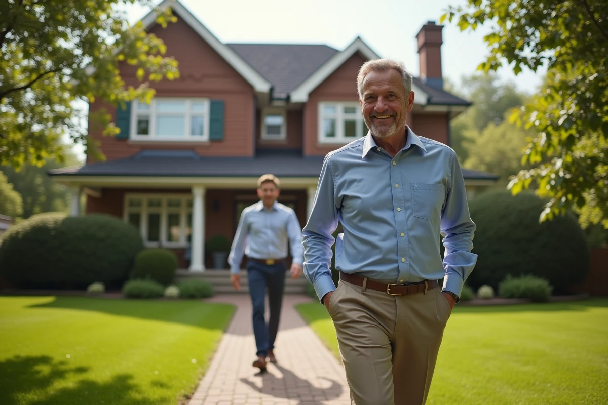 Agent immobilier homme guidant clients devant une maison de banlieue