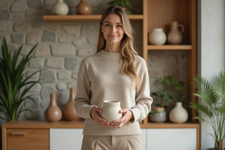 Femme élégante arrangeant des vases en céramique dans un salon moderne