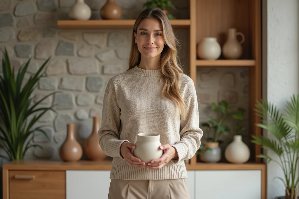 Femme élégante arrangeant des vases en céramique dans un salon moderne